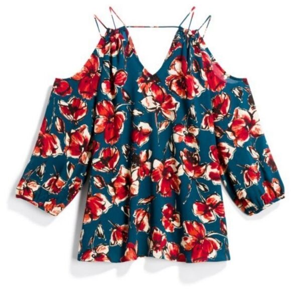 Skies Are Blue Blue, Red, & Cream Floral Strappy Cold Shoulder Blouse (XS) - Picture 1 of 6